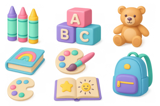 Colorful pastel toys and art supplies for kids' learning and creativity