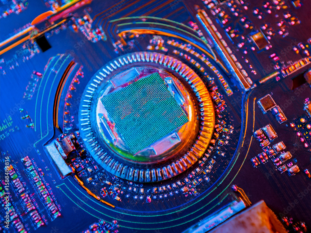 Poster futuristic visual of computer hardware in vibrant digital layout high-tech collage of microchips and