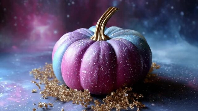 A vibrant halloween pumpkin painted with a speckled galaxy design, sitting on a glittery background. Halloween cosmic decoration for holiday season. All Hallows Eve, Samhain