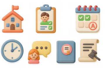 Cute school set in 3d cartoon style: icons of education and organization