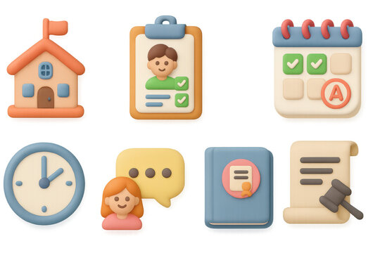 Cute school set in 3d cartoon style: icons of education and organization