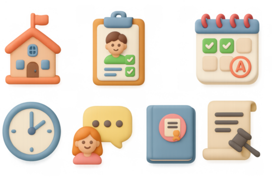 Cute school set in 3d cartoon style: icons of education and organization - Powered by Adobe