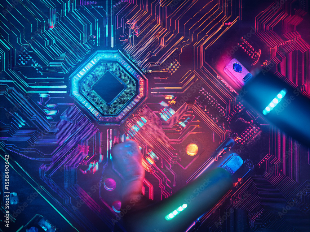 Poster high-tech artwork of computer components in digital gallery format abstract collage of twelve hardwa