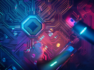 High-tech artwork of computer components in digital gallery format
Abstract collage of twelve hardware images with colorful lighting effects