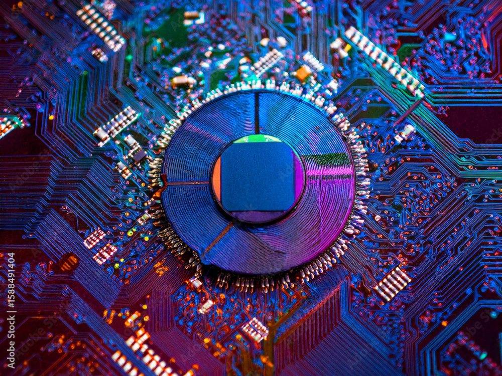 Poster abstract composition of computer hardware in colorful futuristic style digital gallery of twelve har