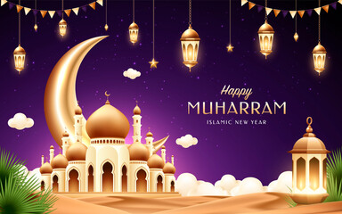 Mosque and Lanterns for Islamic New Year Realistic Composition © Macrovector