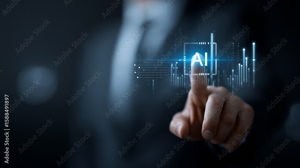 Poster businessman touching a digital ai icon with floating data analytics and charts innovation and techno