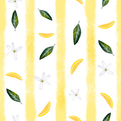 Stripes and slices. Seamless pattern of yellow and white stripes, citrus slices, flowers and green leaves on a white background.