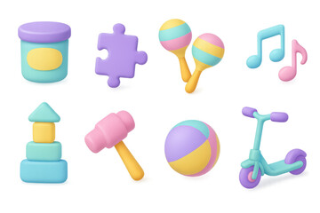 Colorful 3d icons of toys and musical elements in pastel shades