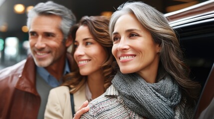 Obraz premium Senior couple smiling outdoors with a woman and man near a luxury vehicle, showcasing happiness and companionship