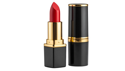 Elegant Red Lipstick in Luxurious Gold and Black Packaging on Clear Background