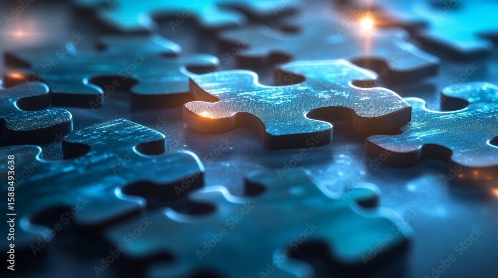 Poster sleek techno blue puzzle assemblage a framework for innovative solutions and collaboration