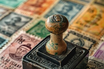 Old wooden and ink postmark stamp is sitting on a background of scattered used postage stamps
