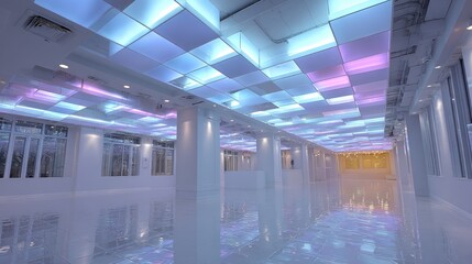 Modern architectural space with captivating colorful ceiling and shiny floor