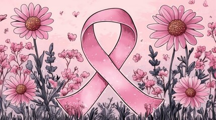 Pink awareness ribbon against a backdrop of beautiful pink flowers and greenery. Symbol for breast cancer support, fight and prevention.