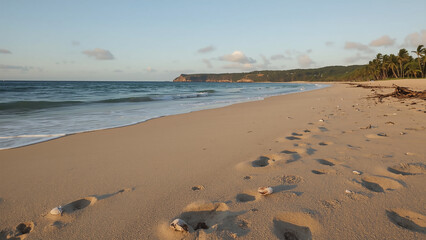 Tropical Beach with Footprints and Palm Trees at Sunset