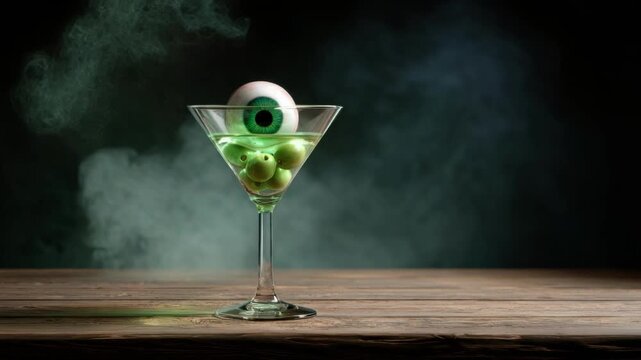 Spooky Halloween martini cocktail with green liquid, eyeball, and olive on wooden table for party decoration. Scary drink for horror night. All Hallows Eve, Samhain