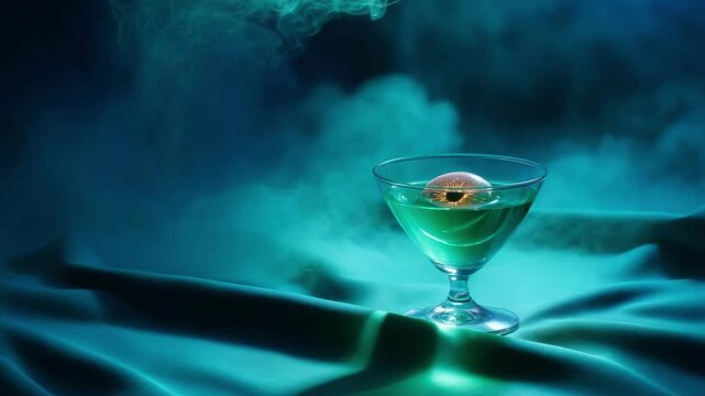 Green cocktail with an eyeball in a martini glass for Halloween party. Spooky potion for holiday celebration. All Hallows Eve, Samhain