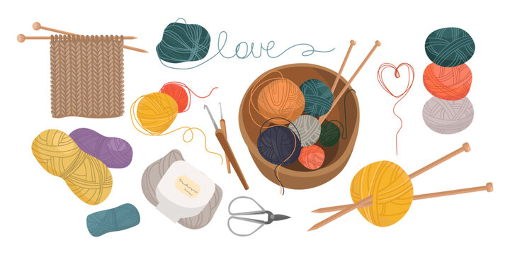 Knitting and Crochet Yarn Set with Needles and Accessories.Yarn balls, knitting needles, crochet hooks,handcraft accessories, for hobby blogs, craft shops, social media, posters. Vector illustration