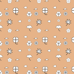 Seamless vector pattern featuring a variety of simple floral and leaf icons in a clean, monochrome style against a soft brownish-orange background.