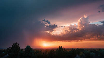 Fototapeta premium breathtaking summer sunset during thunderstorm showcasing vivid colors in sky