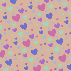 Vibrant seamless pattern featuring colorful heart shapes scattered across a soft peach background.