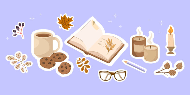 Cozy autumn sticker set with notebook, coffee cup, cookies, candles, leaves, glasses, and pencil,cones . Planners stickers , scrapbooking, social media, digital, seasonal decor. Vector illustration