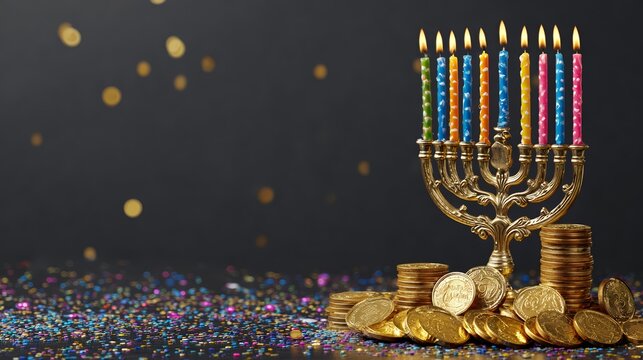 Colorful Hanukkah Menorah with Gelt and Confetti on Dark Background.