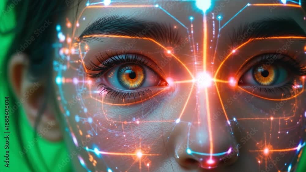 Poster futuristic interface projected on a woman's face showcasing advanced technology and data visualizati