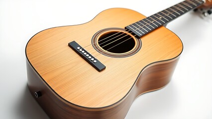 Obraz premium Acoustic guitar isolated on white background, highlighting detailed wood texture and musical craftsmanship.