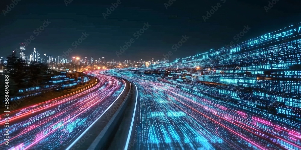 Poster futuristic digital connectivity highway with high-speed data transfer and ai communication