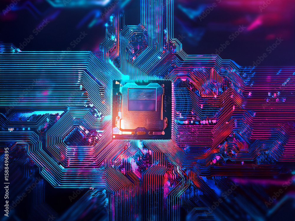 Poster high-tech collage of microchips and circuits with modern lighting and interface digital gallery of t