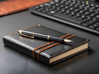 A black leather notebook with a pen