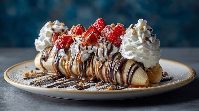 Delicious Banana Split with Chocolate Drizzle and Whipped Cream.