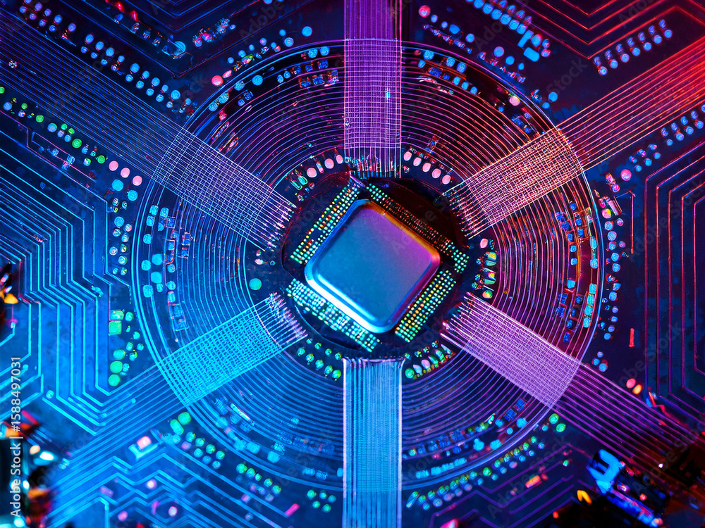 Poster futuristic artwork of computer components in vibrant digital gallery format high-tech collage of mic
