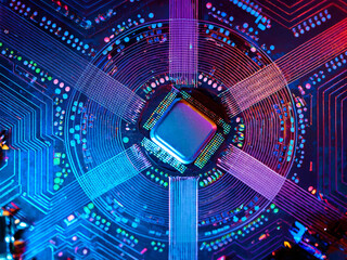 Futuristic artwork of computer components in vibrant digital gallery format
High-tech collage of microchips and circuits with modern lighting and interface