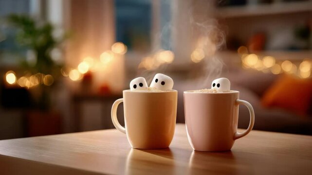 Two hot cocoa mugs with ghost marshmallows and steam cozy table. Halloween drink for holiday party night decor. All Hallows Eve, Samhain