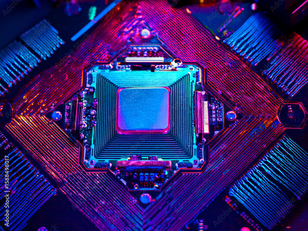Poster digital composition of processors and boards with colorful lighting and icons abstract collage of tw