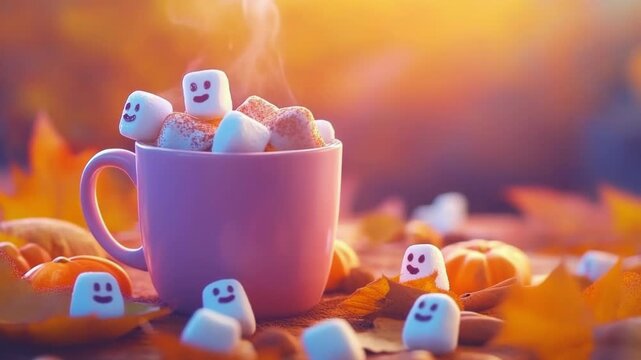 Hot cocoa with ghost marshmallows in a pink mug surrounded by autumn leaves. Spooky halloween concept for seasonal event invitation. All Hallows Eve, Samhain