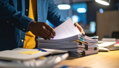 Close Up Of Hands Sorting Papers On A Wooden Desk
