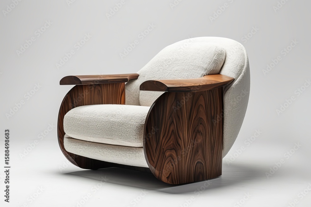 Poster modern armchair with round shapes and wooden structure standing in an empty room with white backgrou