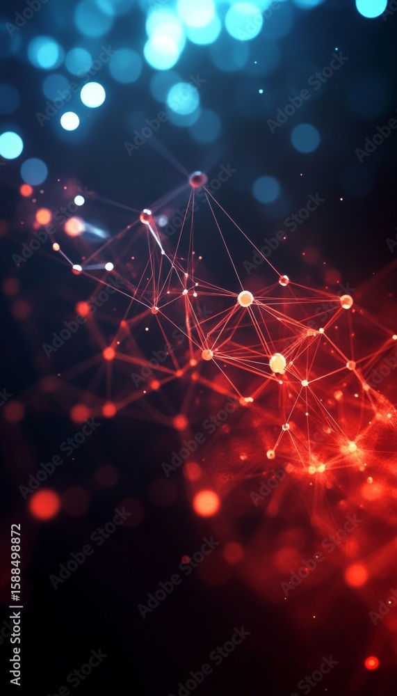 Poster abstract network concept with red polygon structure connected by lines and dots for technology