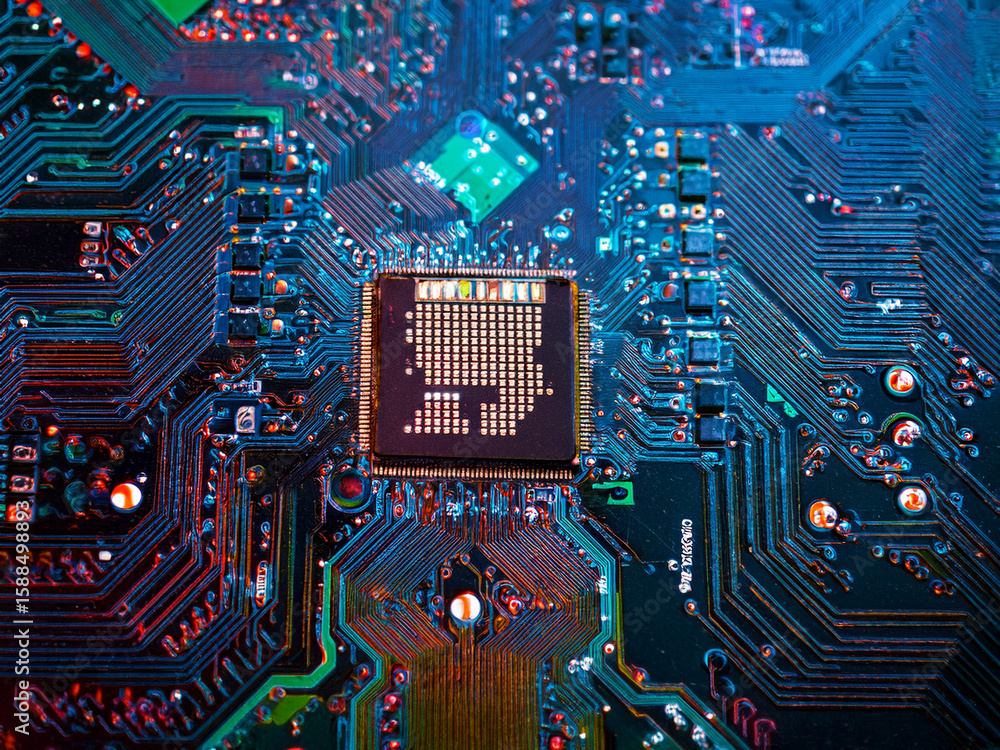 Poster high-tech visual featuring hardware elements in abstract digital layout