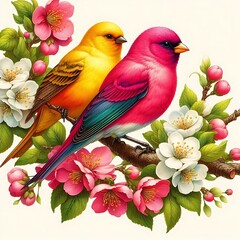 
"Spring Harmony: Two Vibrant Birds Among Blossoms in a Serene Garden"
