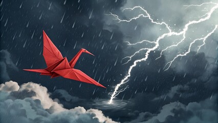  Red Origami Crane in Flight Through a Dark Storm.