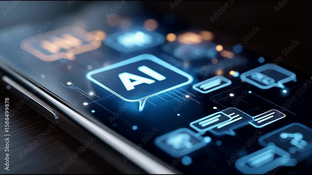 Poster ai assistant icon floating above smartphone with speech bubbles and automation symbols smart technol