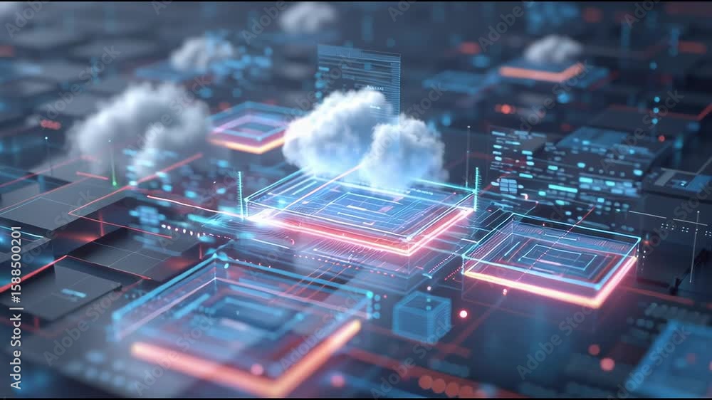 Poster ai concept with layered digital screens, holograms, and floating cloud computing icons data-driven t