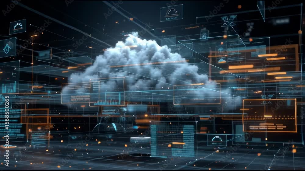 Poster ai concept with layered digital screens, holograms, and floating cloud computing icons data-driven t