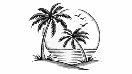 Fototapeta premium Tropical Sunset Beach Scene Drawing – Palm Trees and Ocean View Sketch Art
