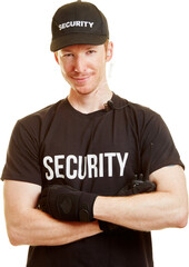 Mann als Türsteher mit Security Kleidung